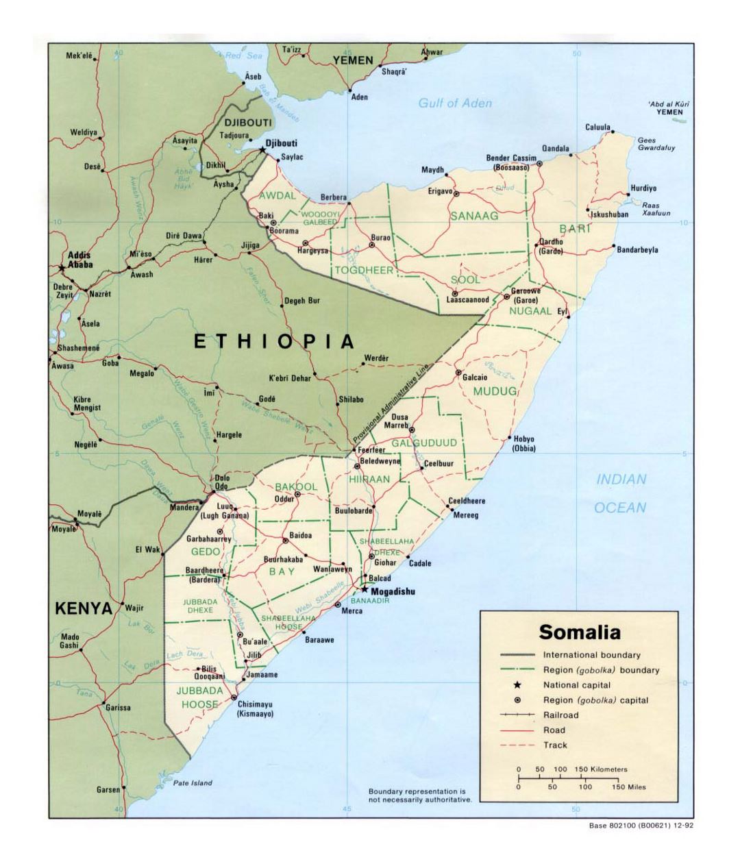 Detailed political and administrative map of Somalia with roads, railroads and major cities - 1992