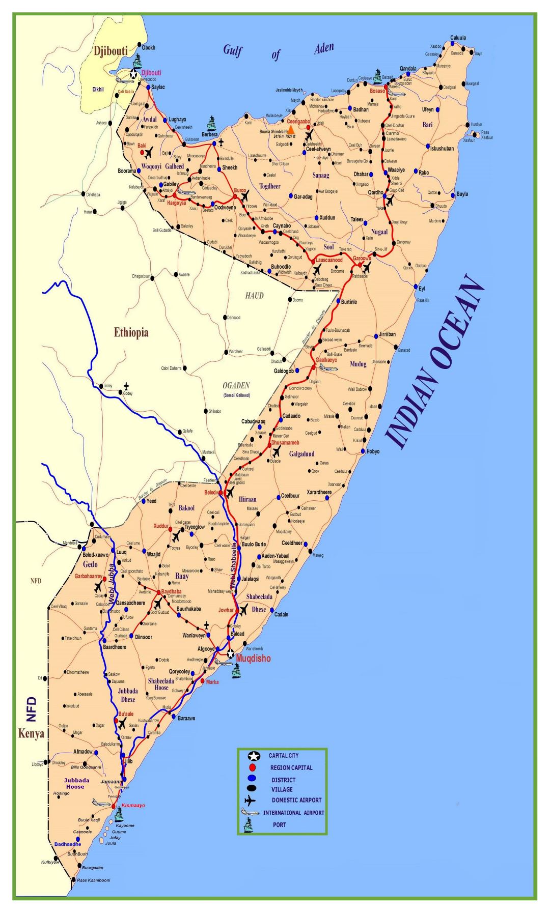 Large detailed map of Somalia with roads, cities, villages, ports and airports