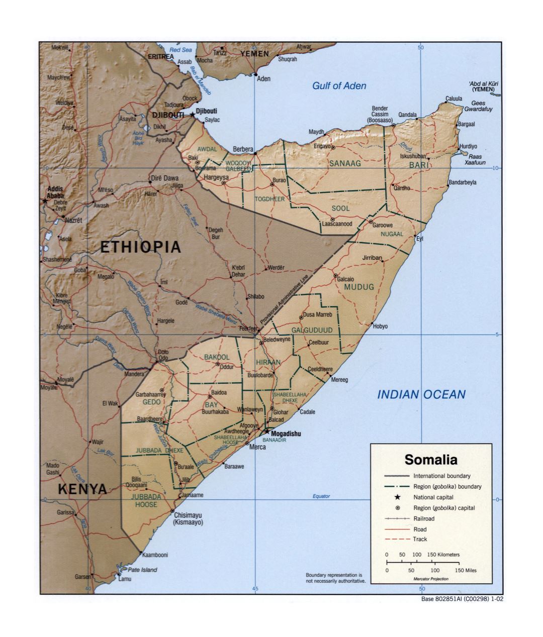 Large detailed political and administrative map of Somalia with relief, roads, railroads and cities - 2002