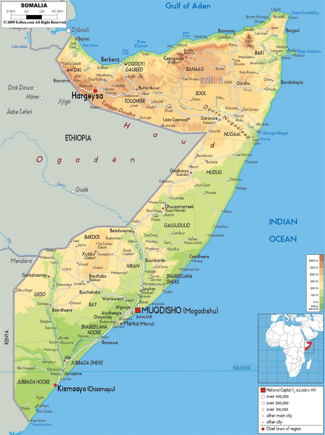 Large physical map of Somalia with roads, cities and airports