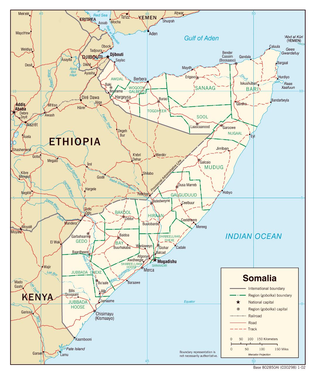 Large political and administrative map of Somalia with roads, railroads and major cities - 2002