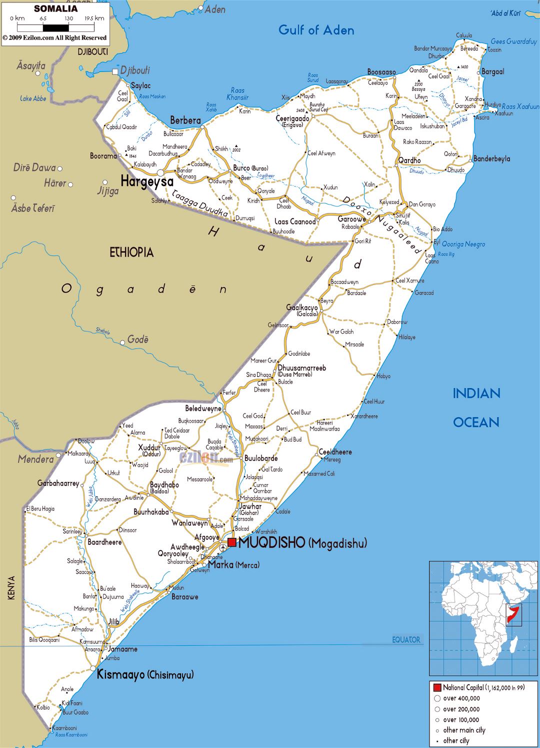 Large road map of Somalia with cities and airports
