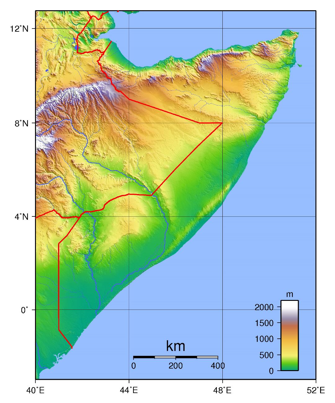 Large topographical map of Somalia
