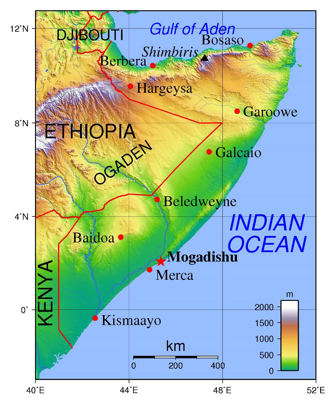 Large topographical map of Somalia with major cities