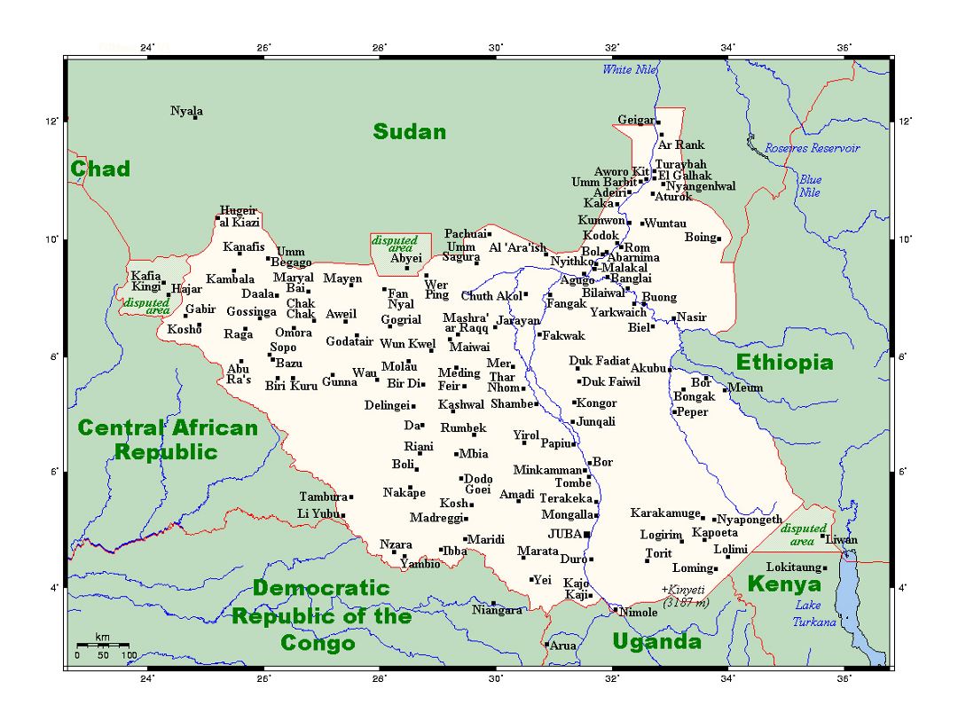 Detailed map of South Sudan with all cities