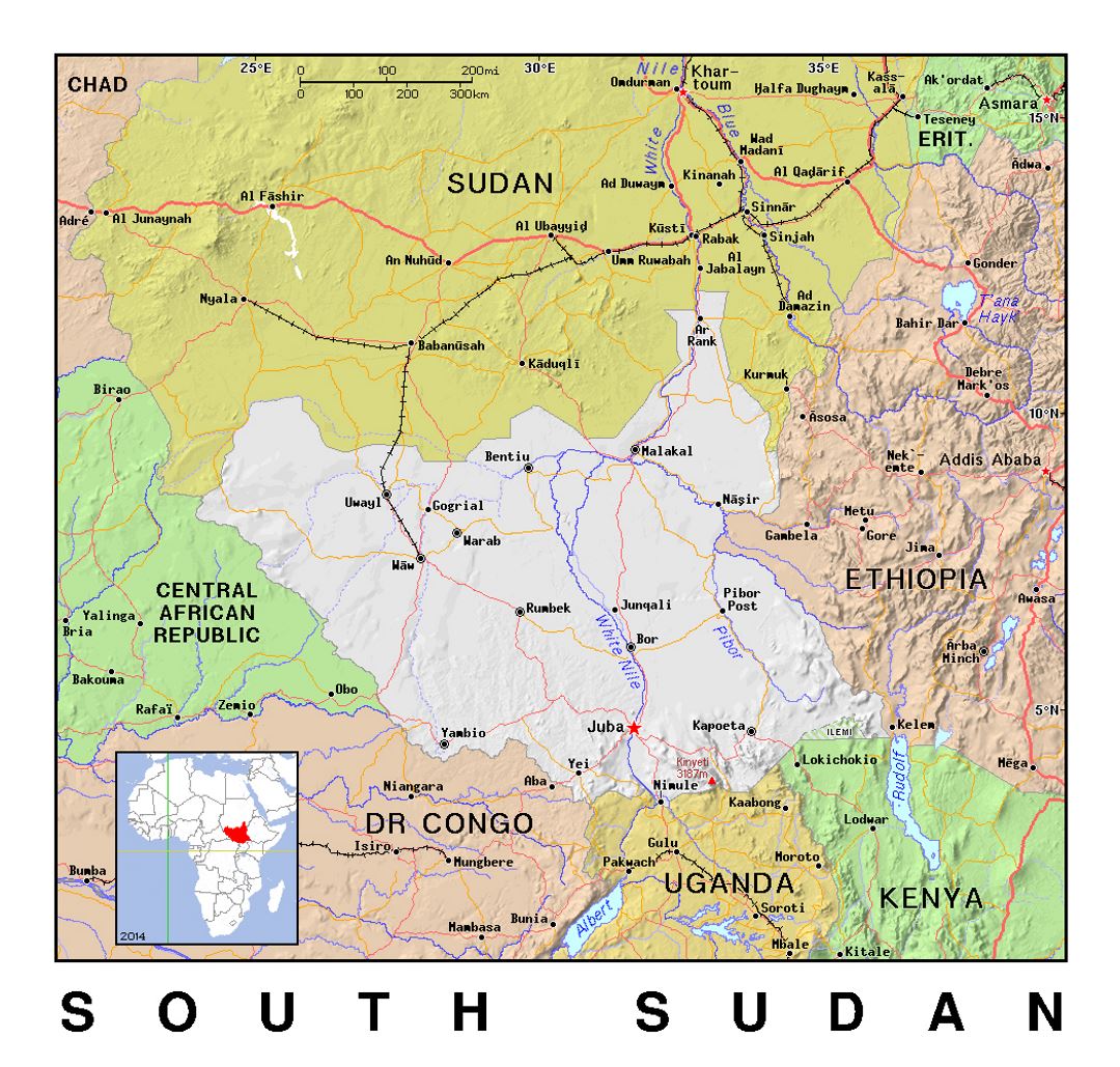 Detailed political map of South Sudan with relief