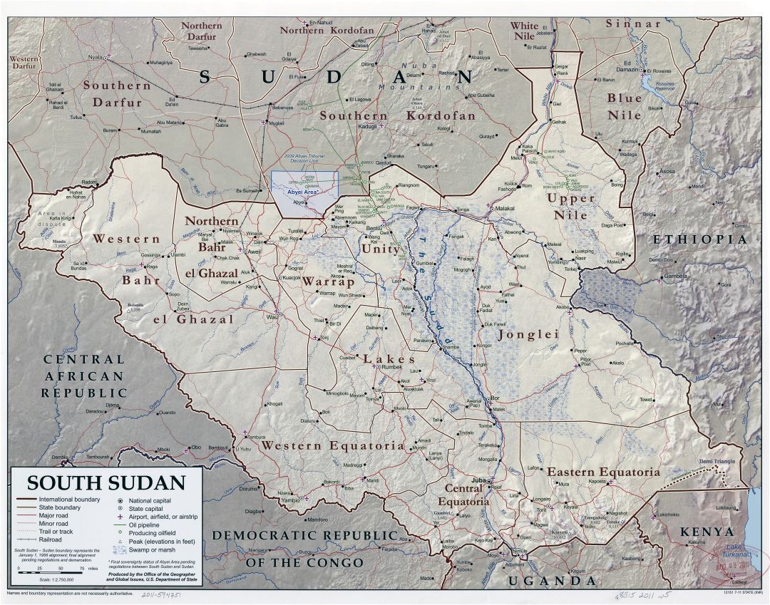 Large scale detailed political and administrative map of South Sudan with relief, roads, railroads, cities, airports and other marks - 2011