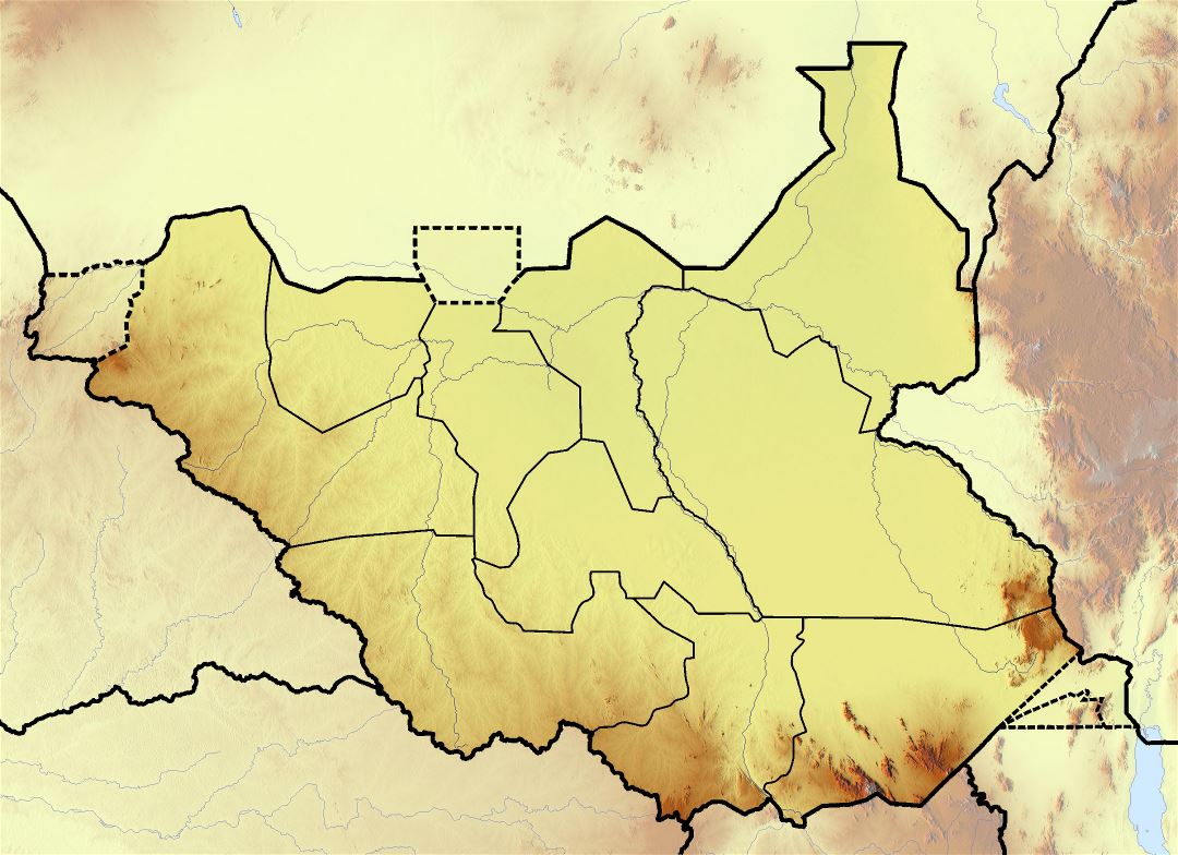 Large topographical map of South Sudan