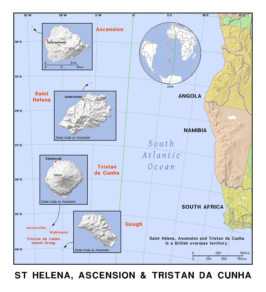 Detailed map of Ascension, St. Helena, Tristan Da Cunha and Gough islands with relief