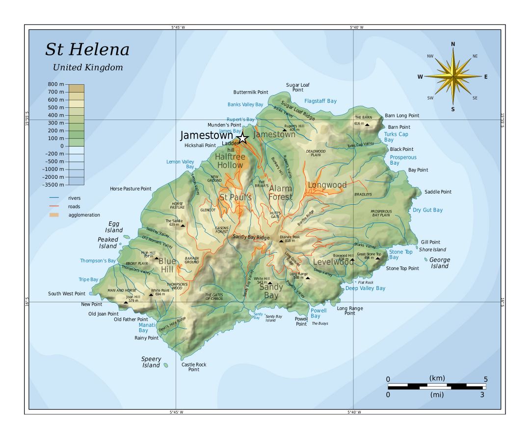 Large detailed physical map of St. Helena with rivers, roads and cities