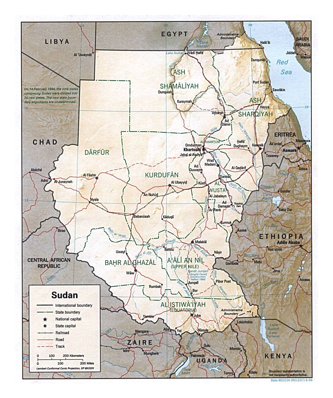 Detailed political and administrative map of Sudan with relief, roads, railroads and major cities - 1994