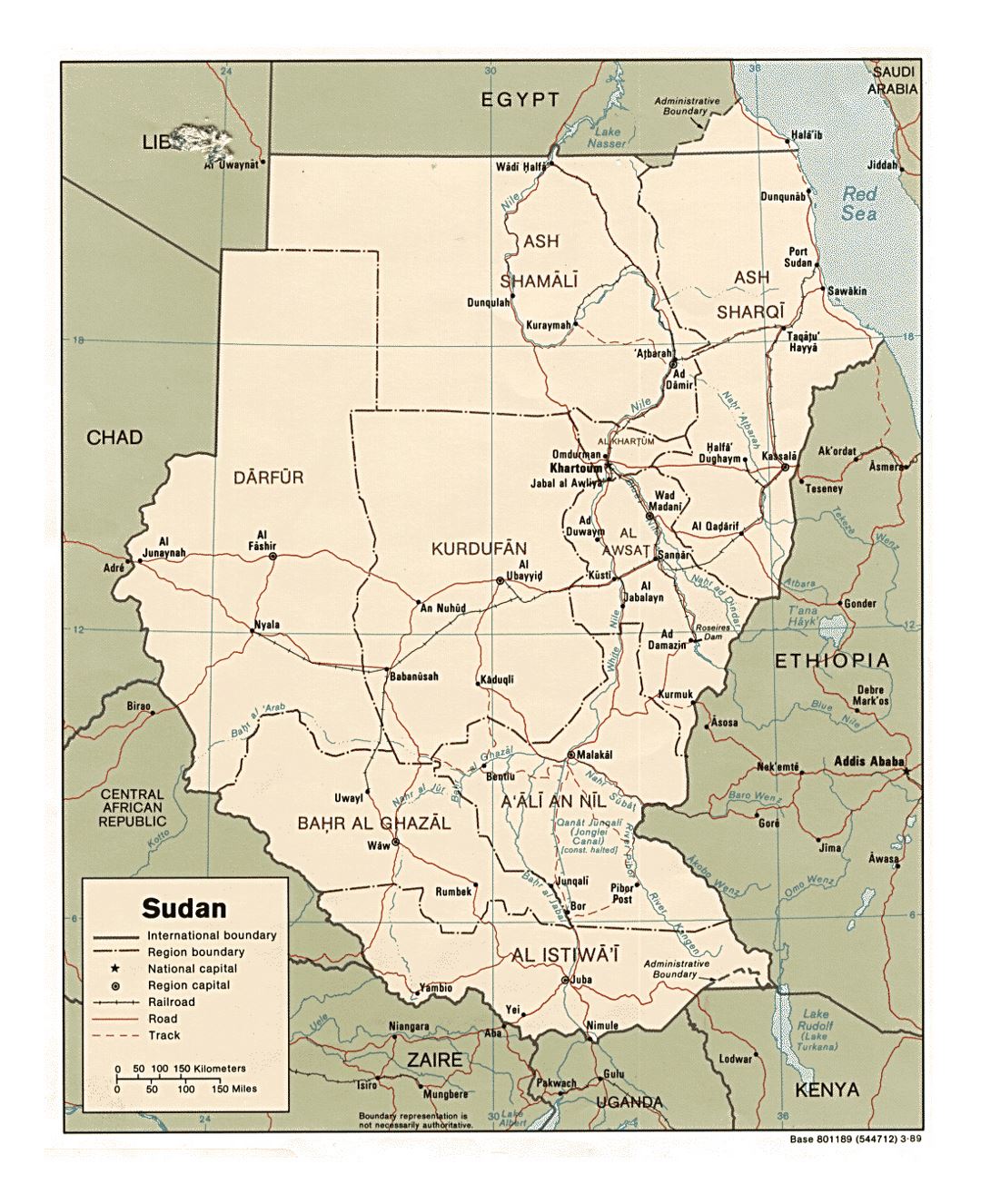 Detailed political and administrative map of Sudan with roads, railroads and major cities - 1989