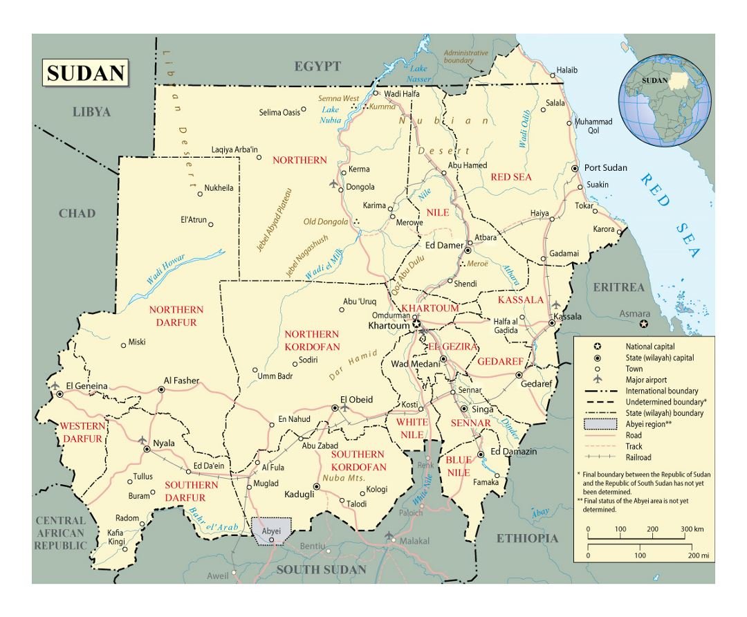 Detailed political and administrative map of Sudan with roads, railroads, cities and airports