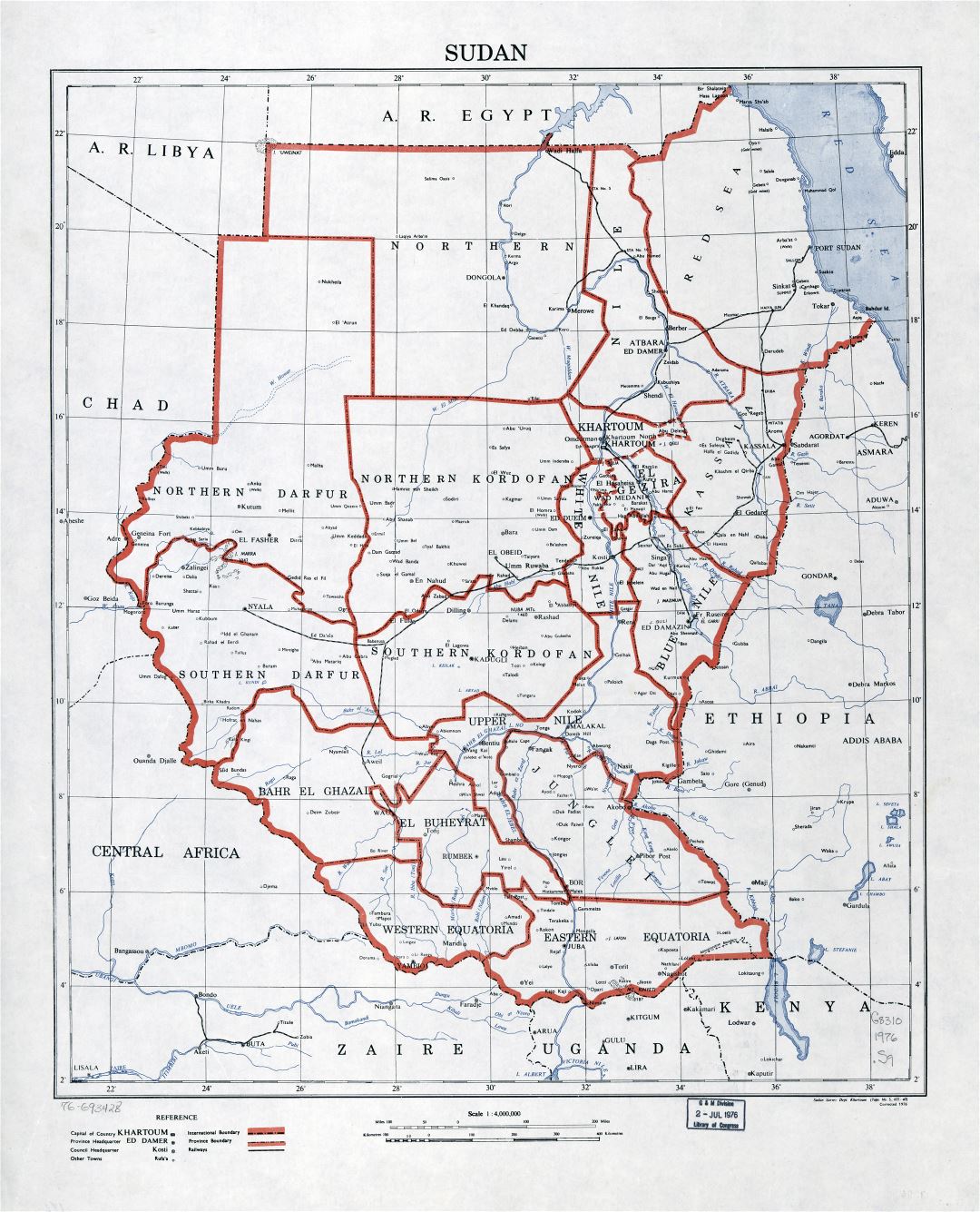 Large detailed political and administrative map of Sudan with railroads and cities - 1976