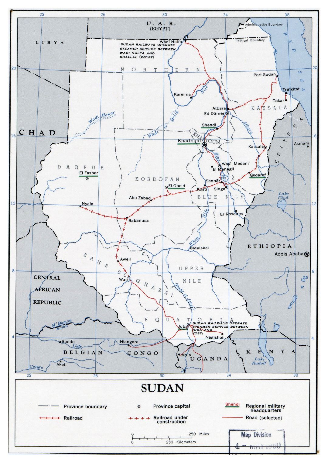 Large detailed political and administrative map of Sudan with roads, railroads and major cities - 1960