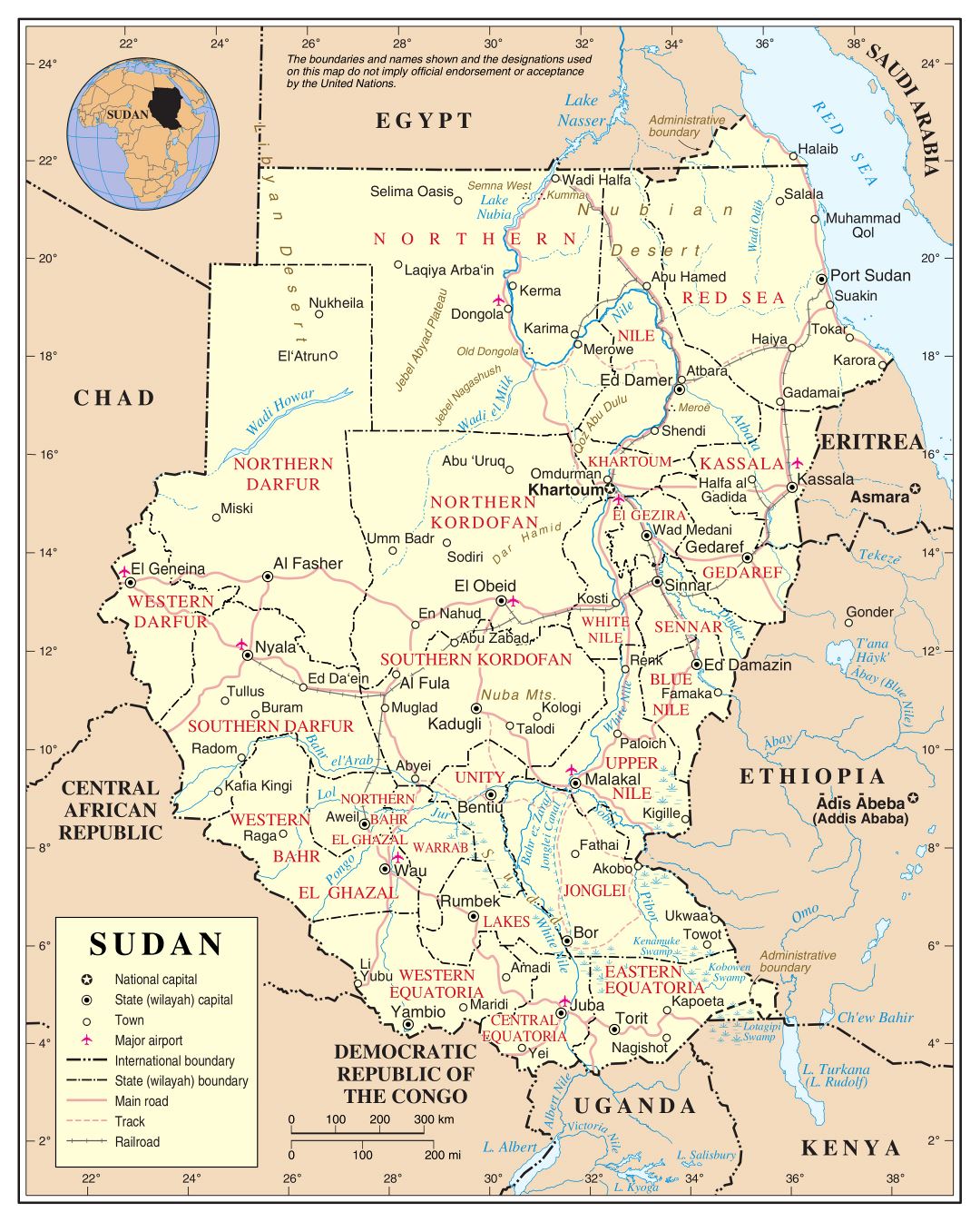 Large detailed political and administrative map of Sudan with roads, railroads, cities and airports
