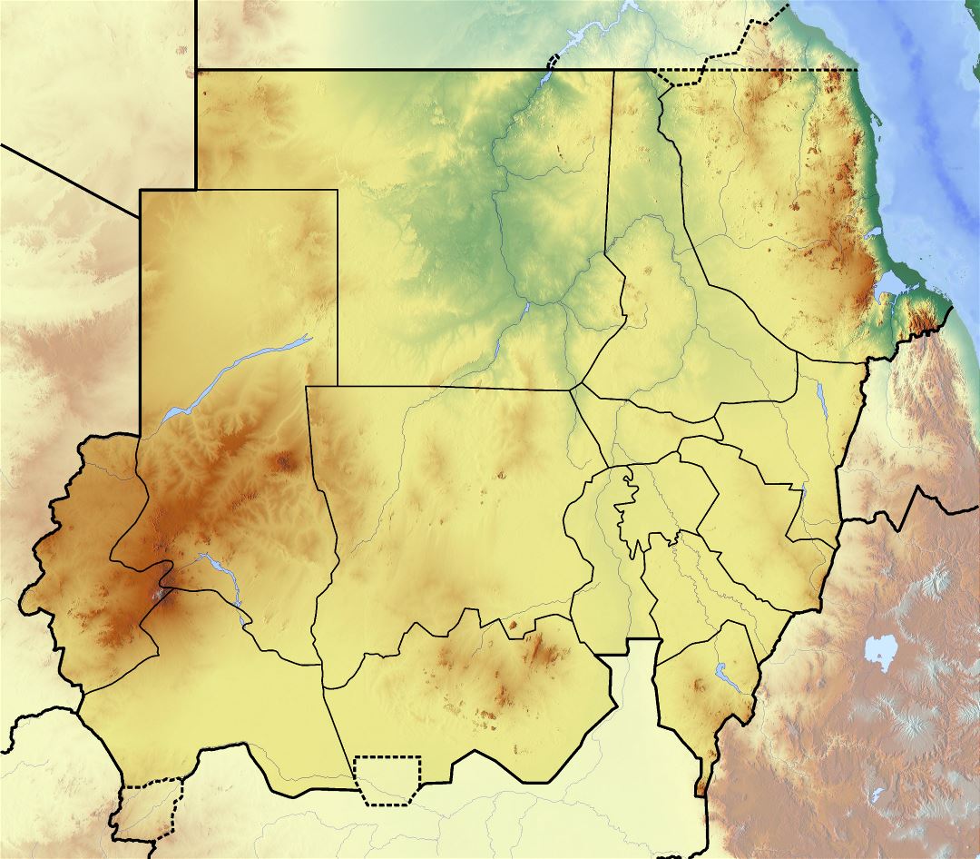 Large detailed topographical map of Sudan
