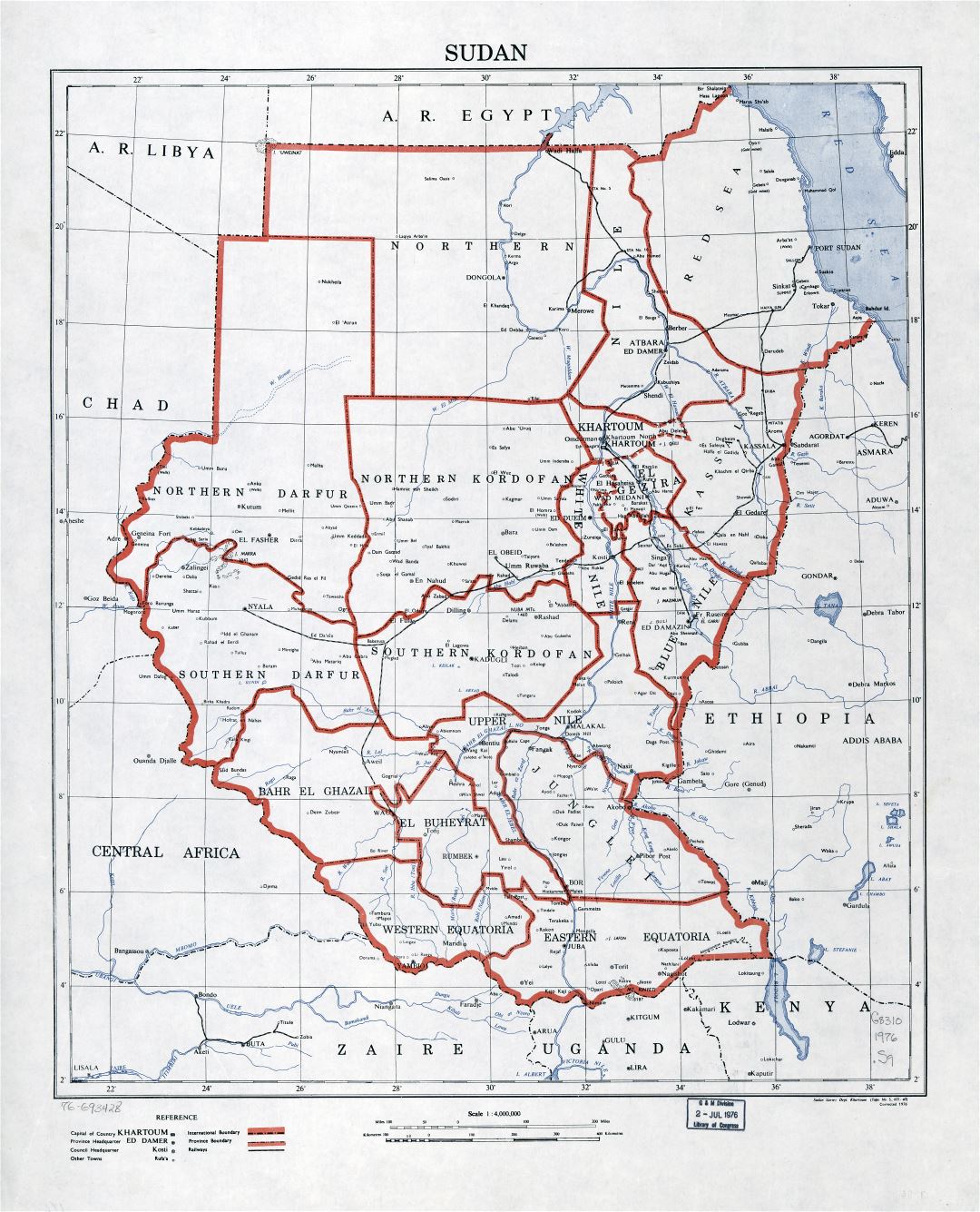 Large scale detailed political and administrative map of Sudan with railroads and cities - 1976