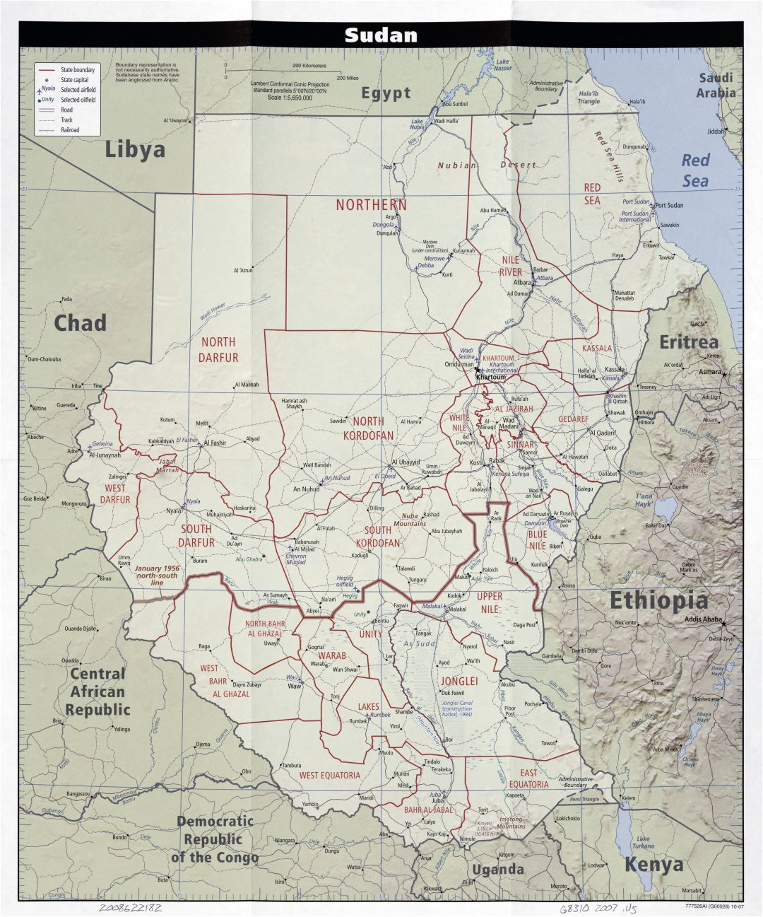 Large scale political and administrative map of Sudan with relief, roads, railroads, cities and airports - 2007