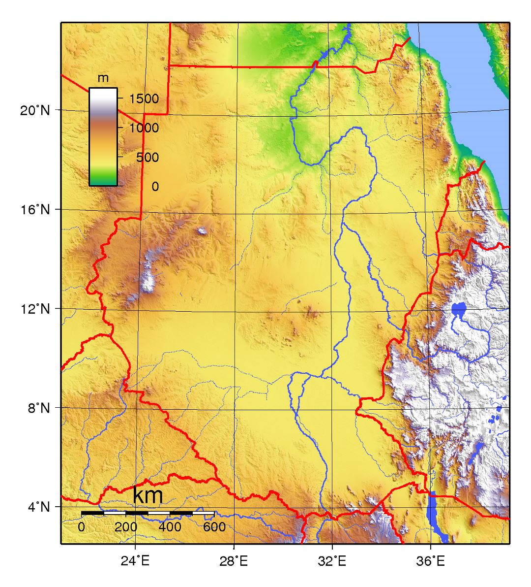 Large topographical map of Sudan
