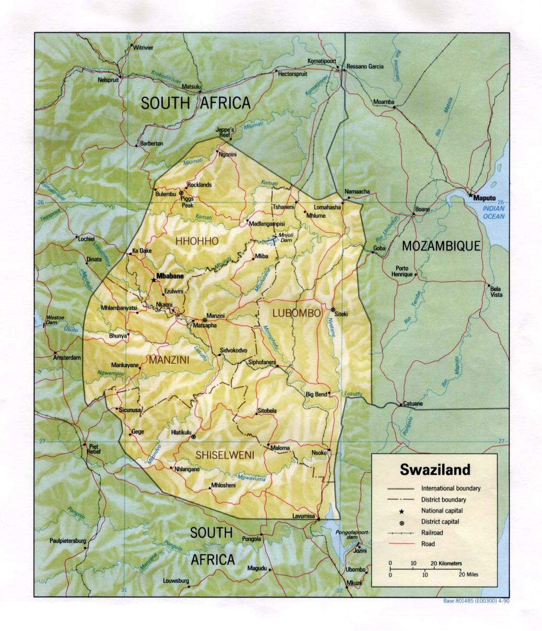 Detailed political and administrative map of Swaziland with relief, roads, railroads and major cities - 1990