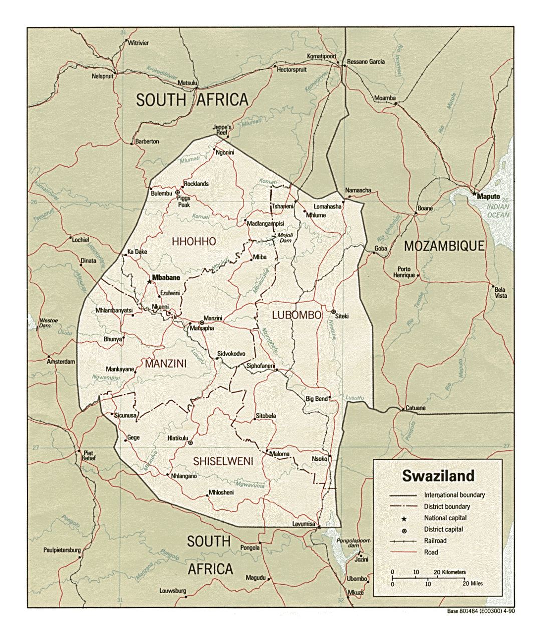 Detailed political and administrative map of Swaziland with roads, railroads and major cities - 1990