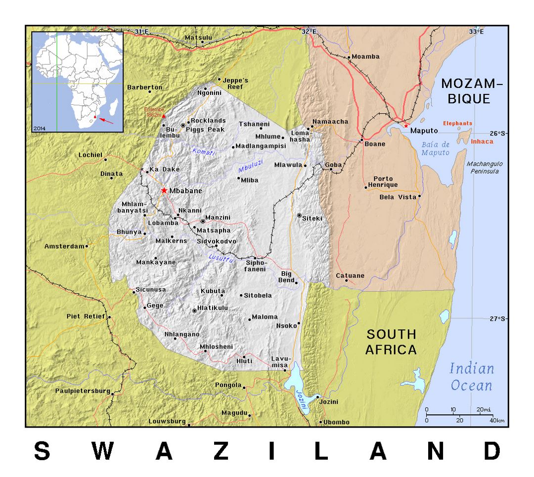 Detailed political map of Swaziland with relief