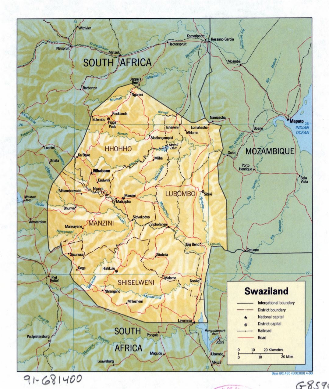Large detailed political and administrative map of Swaziland with relief, roads, railroads and major cities - 1990