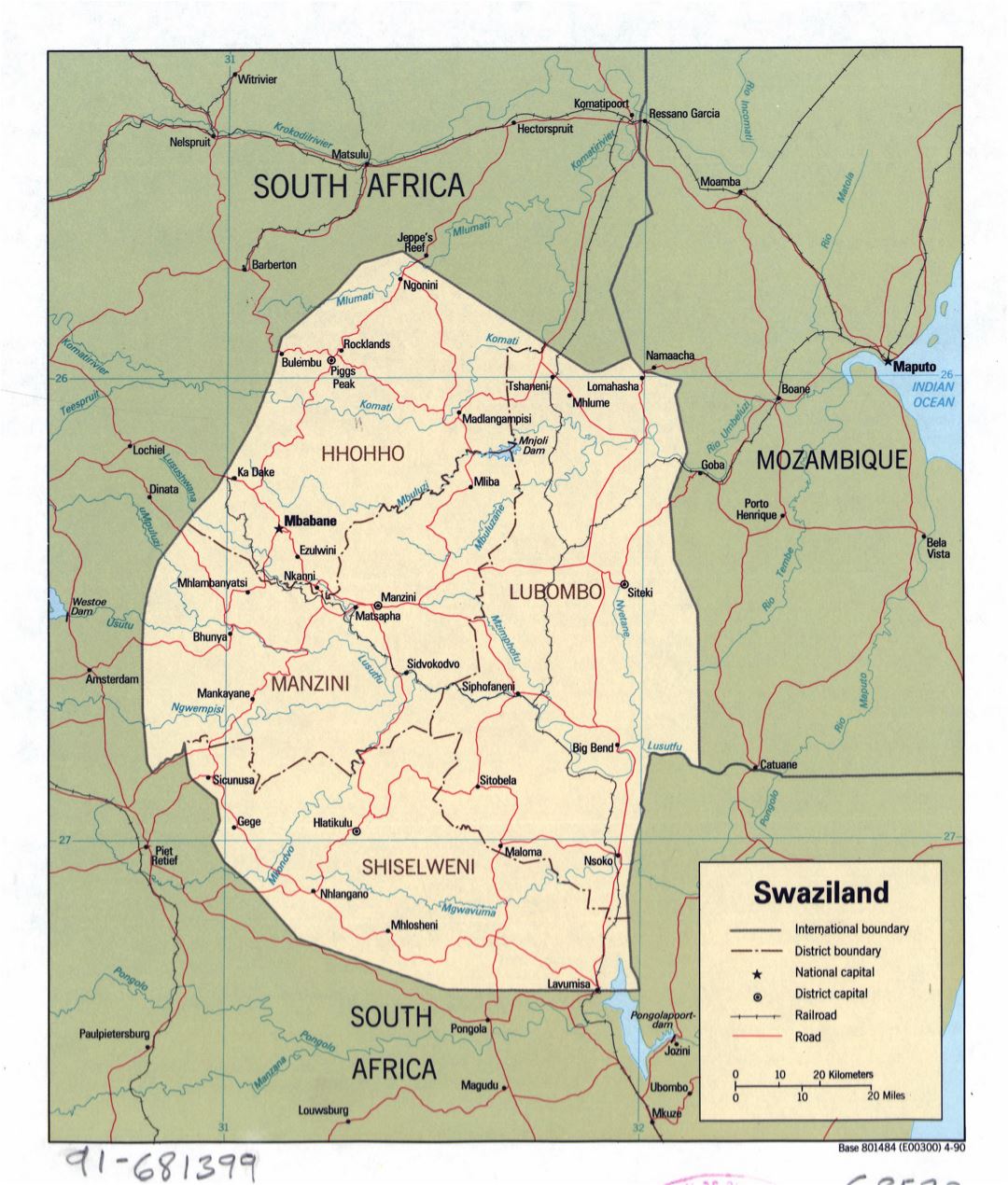 Large detailed political and administrative map of Swaziland with roads, railroads and major cities - 1990