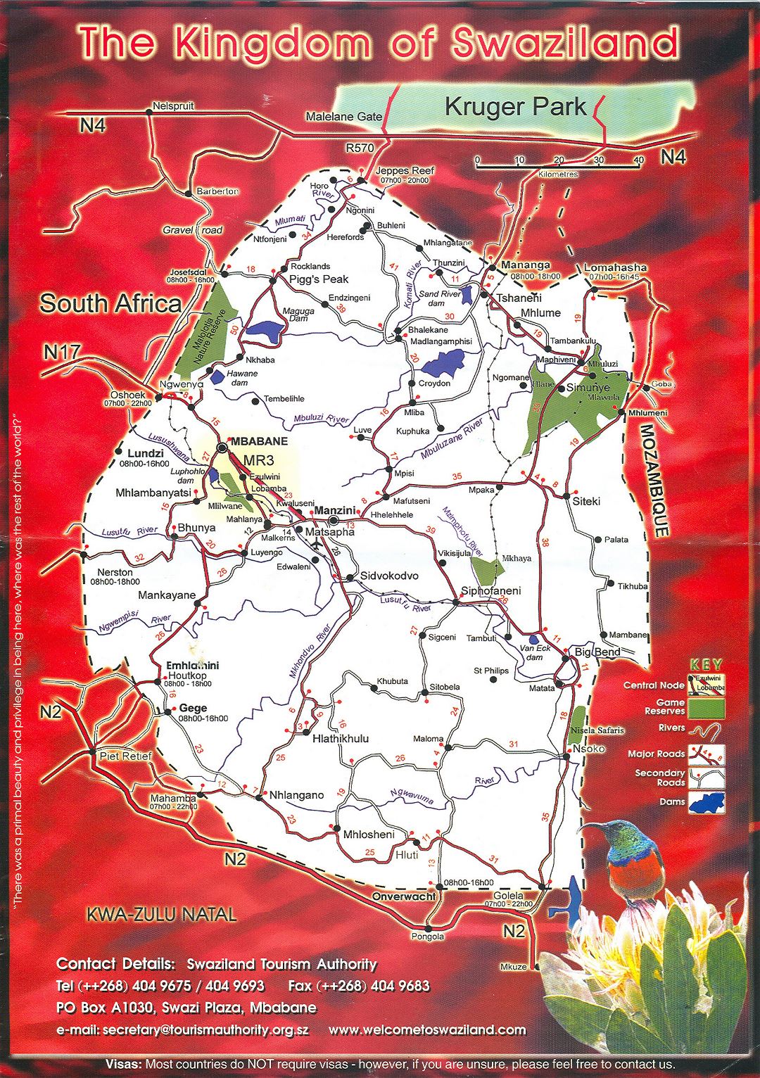 Large detailed tourist map of Swaziland