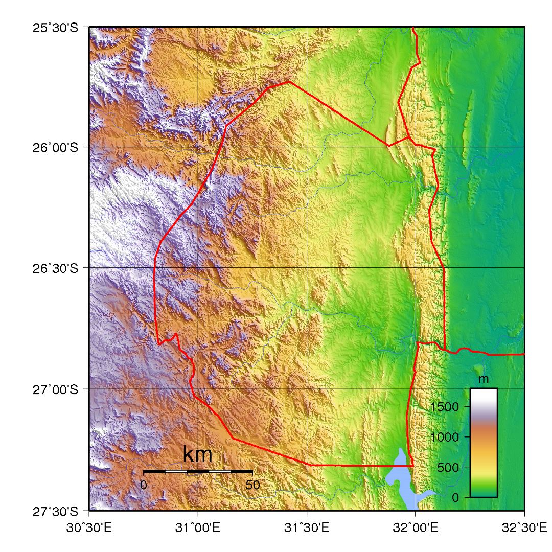 Large topographical map of Swaziland