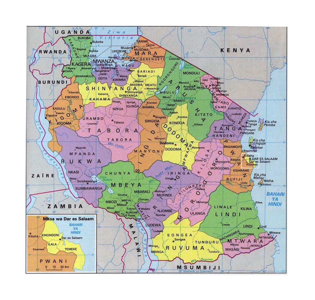 Detailed administrative map of Tanzania