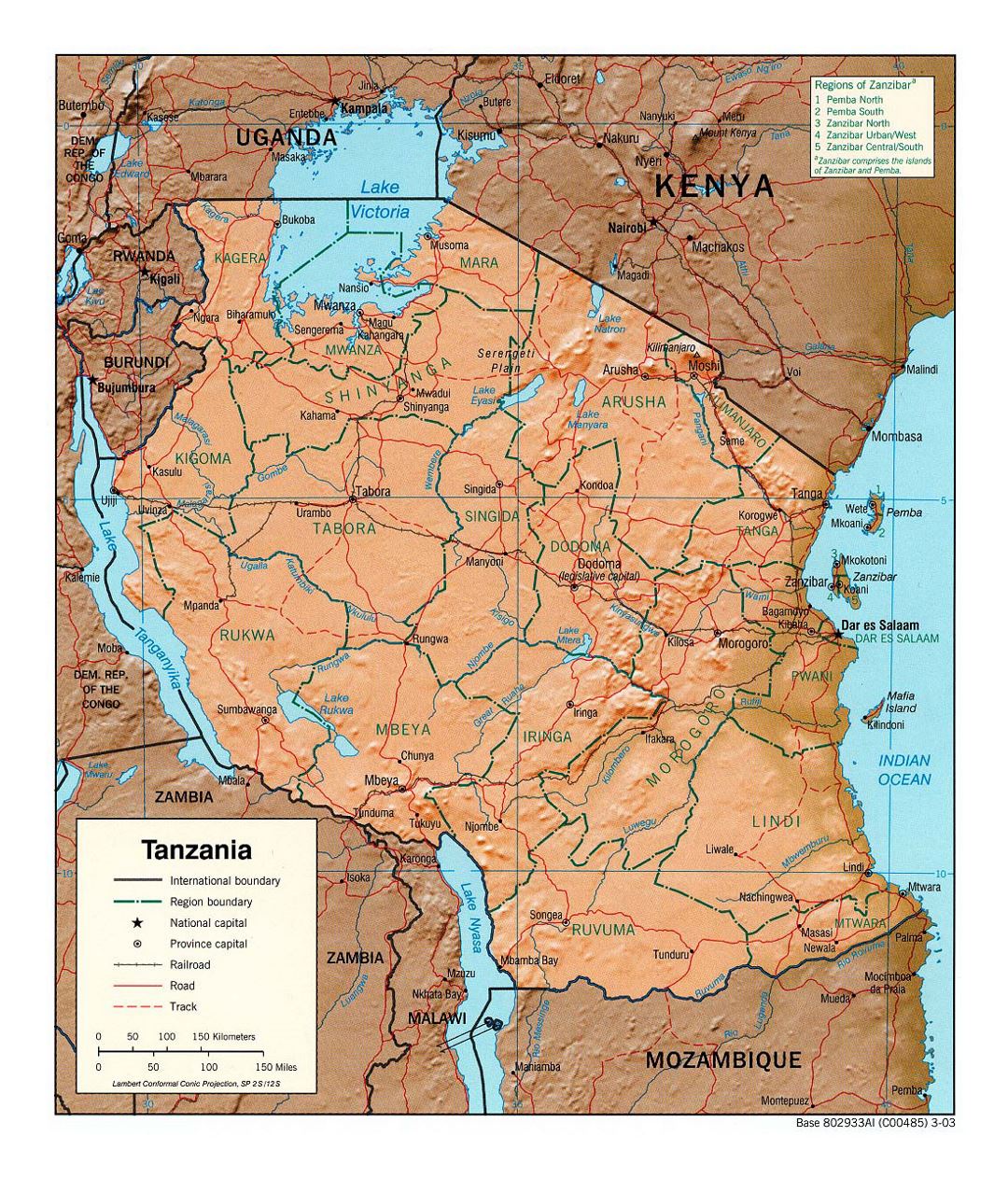 Detailed political and administrative map of Tanzania with relief, roads, railroads and major cities - 2003
