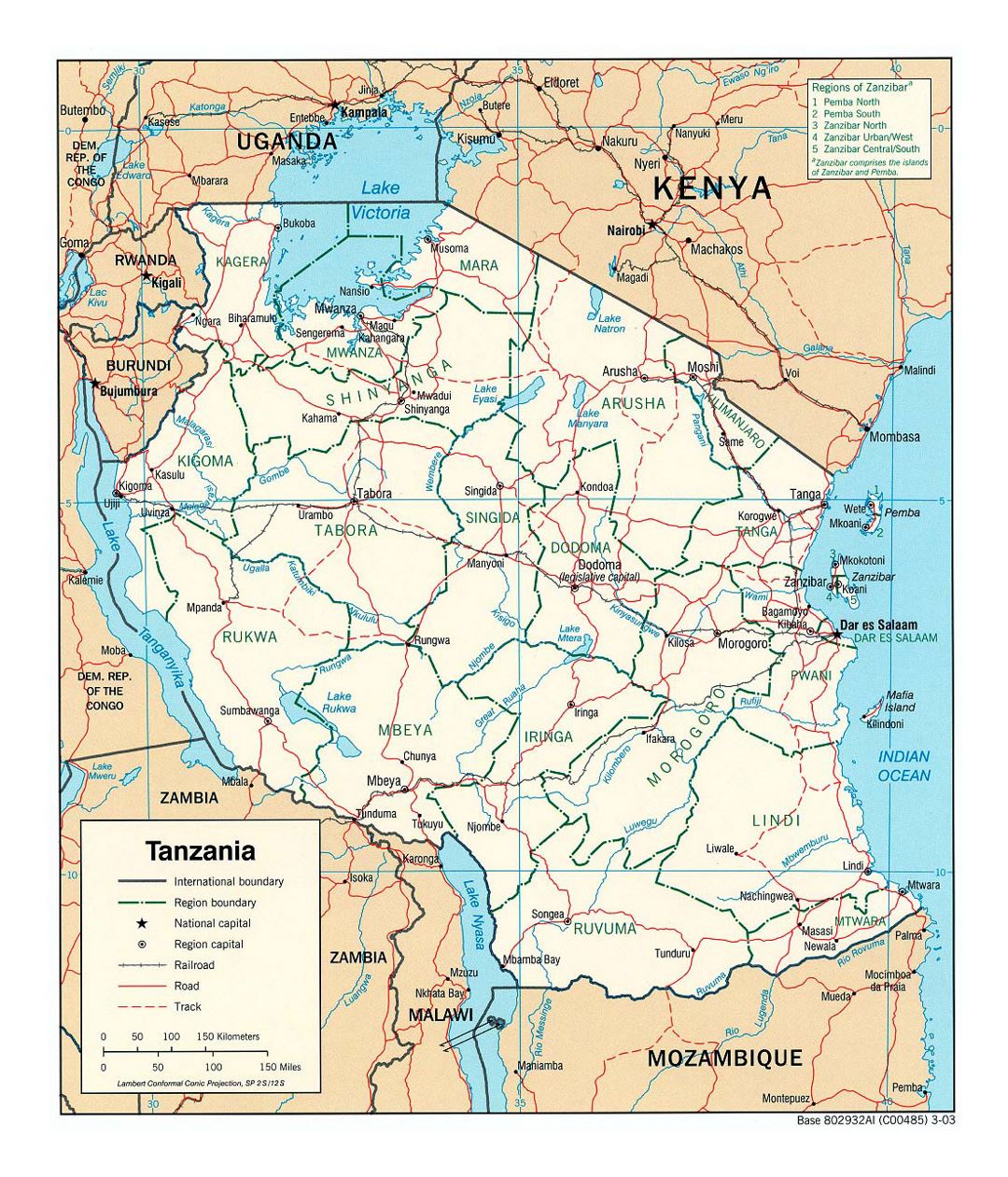 Detailed political and administrative map of Tanzania with roads, railroads and major cities - 2003