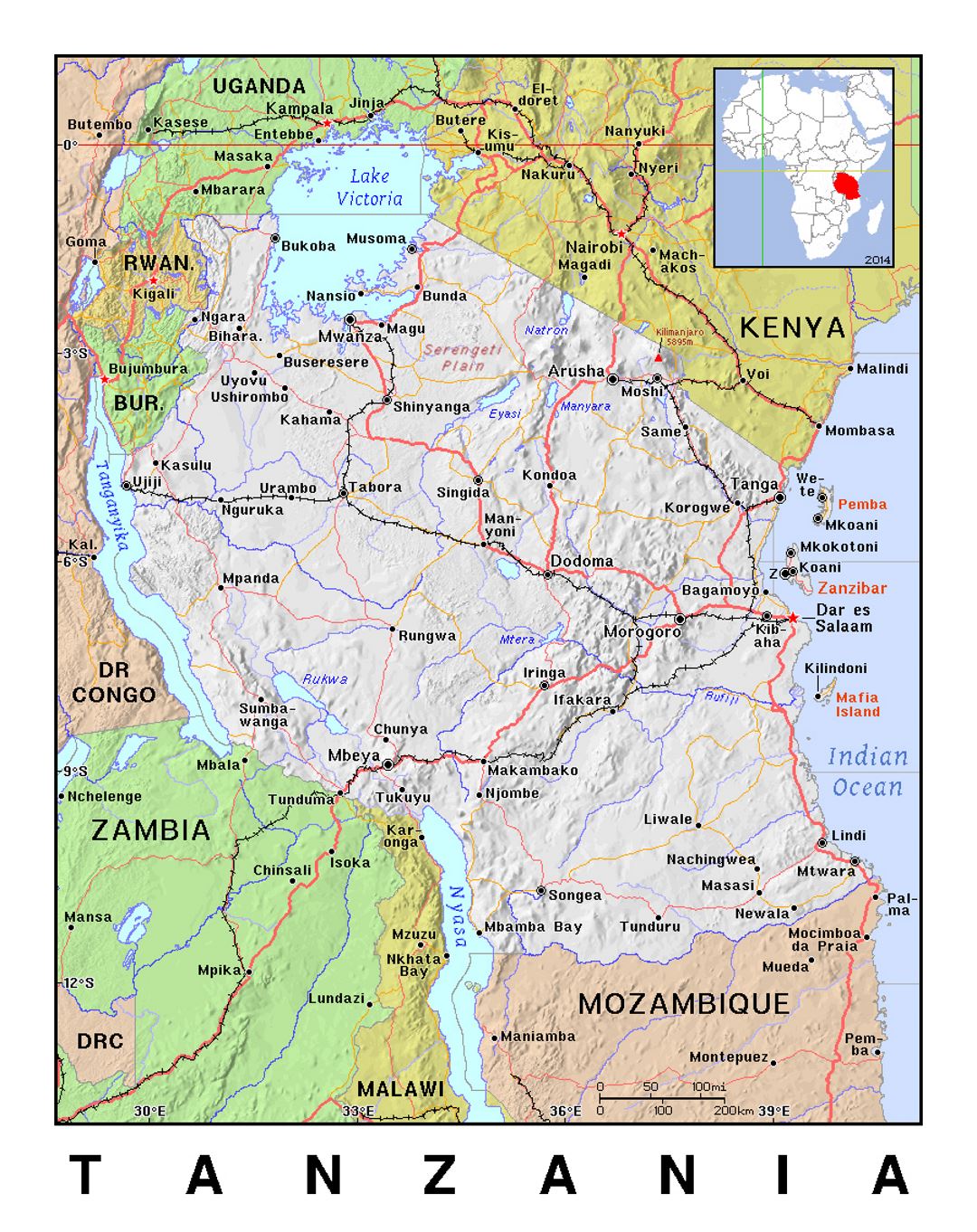 Detailed political map of Tanzania with relief