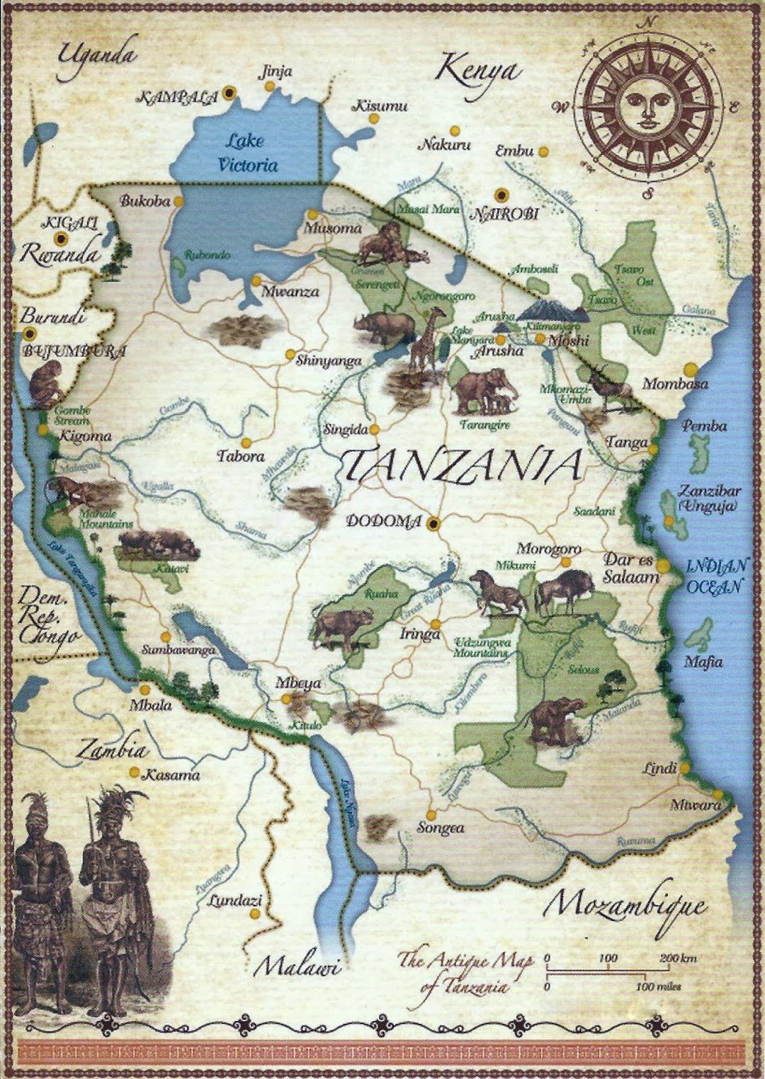 Detailed tourist illustrated map of Tanzania