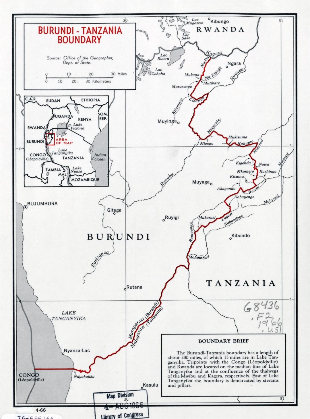 Large detailed Burund-Tanzania boundary map - 1966