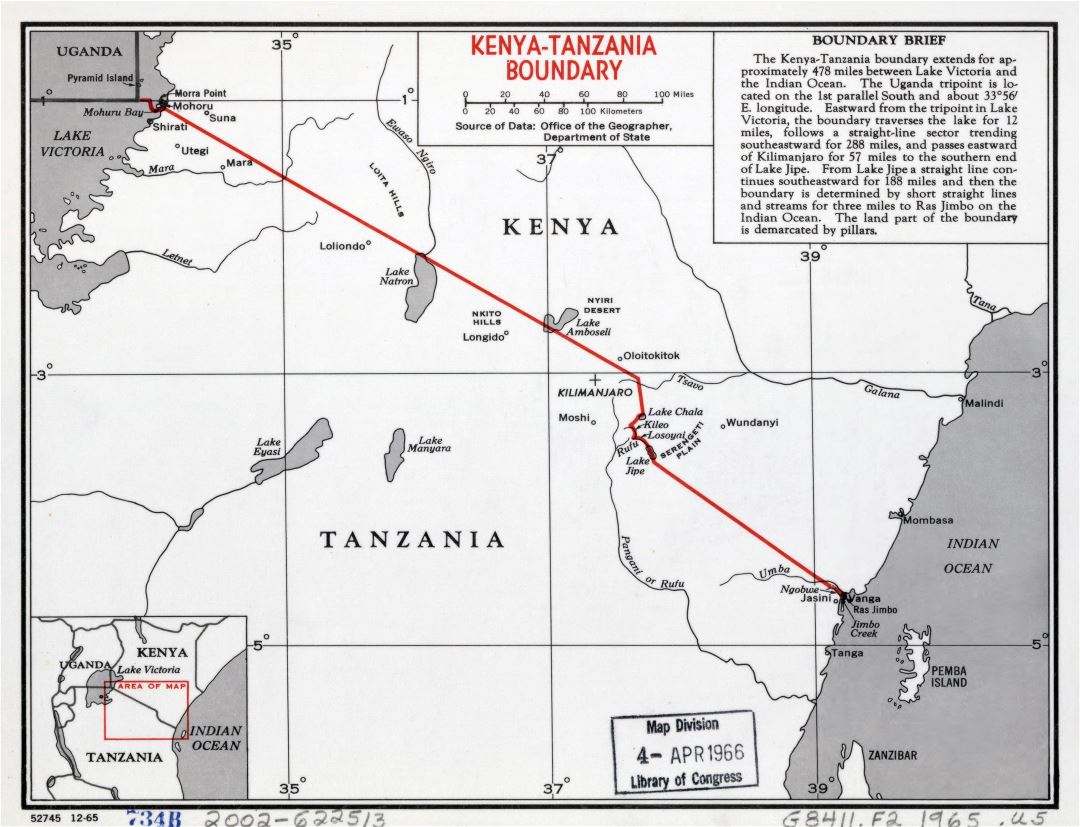 Large detailed Kenya-Tanzania boundary map - 1965