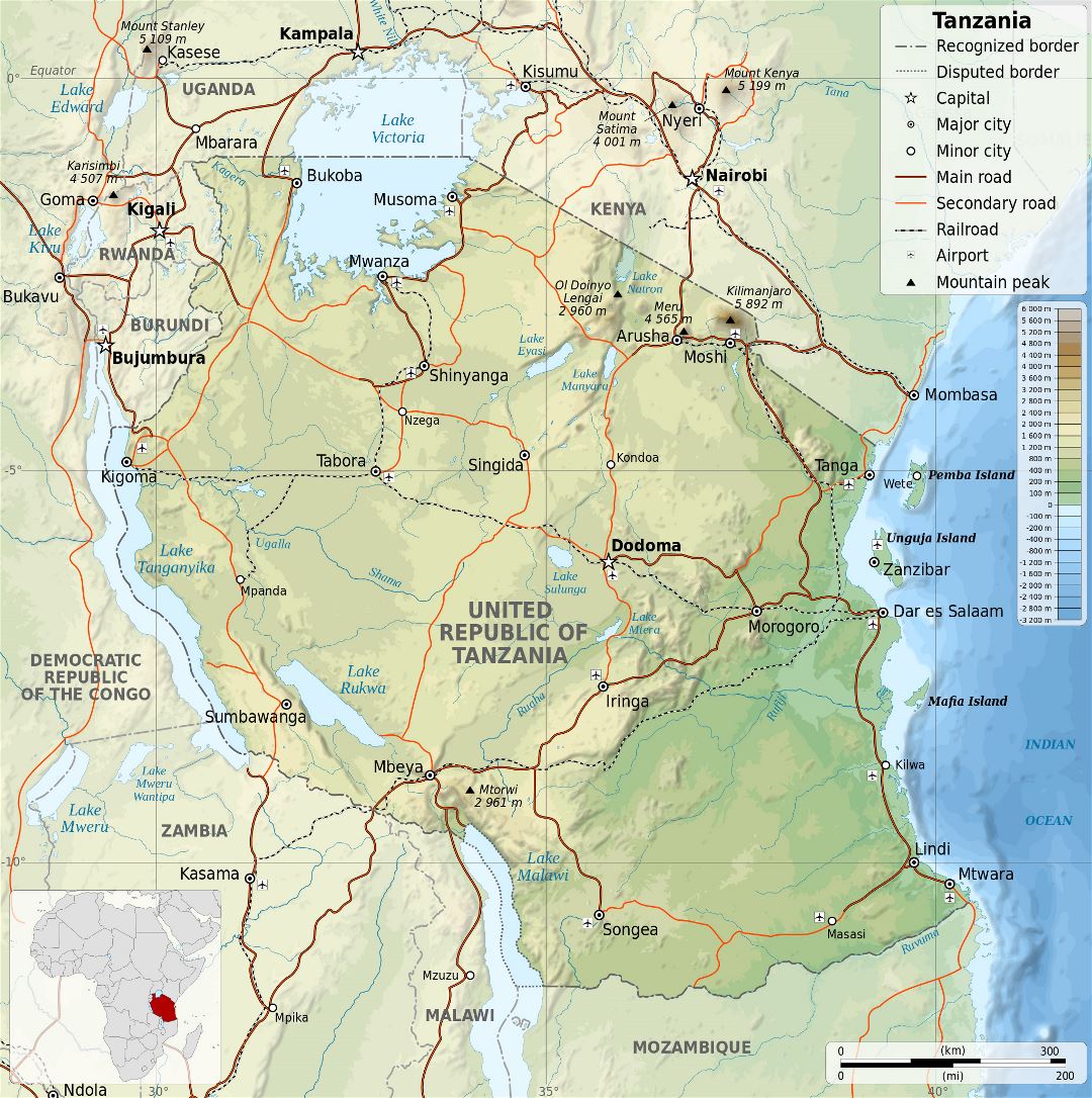 Large detailed physical map of Tanzania