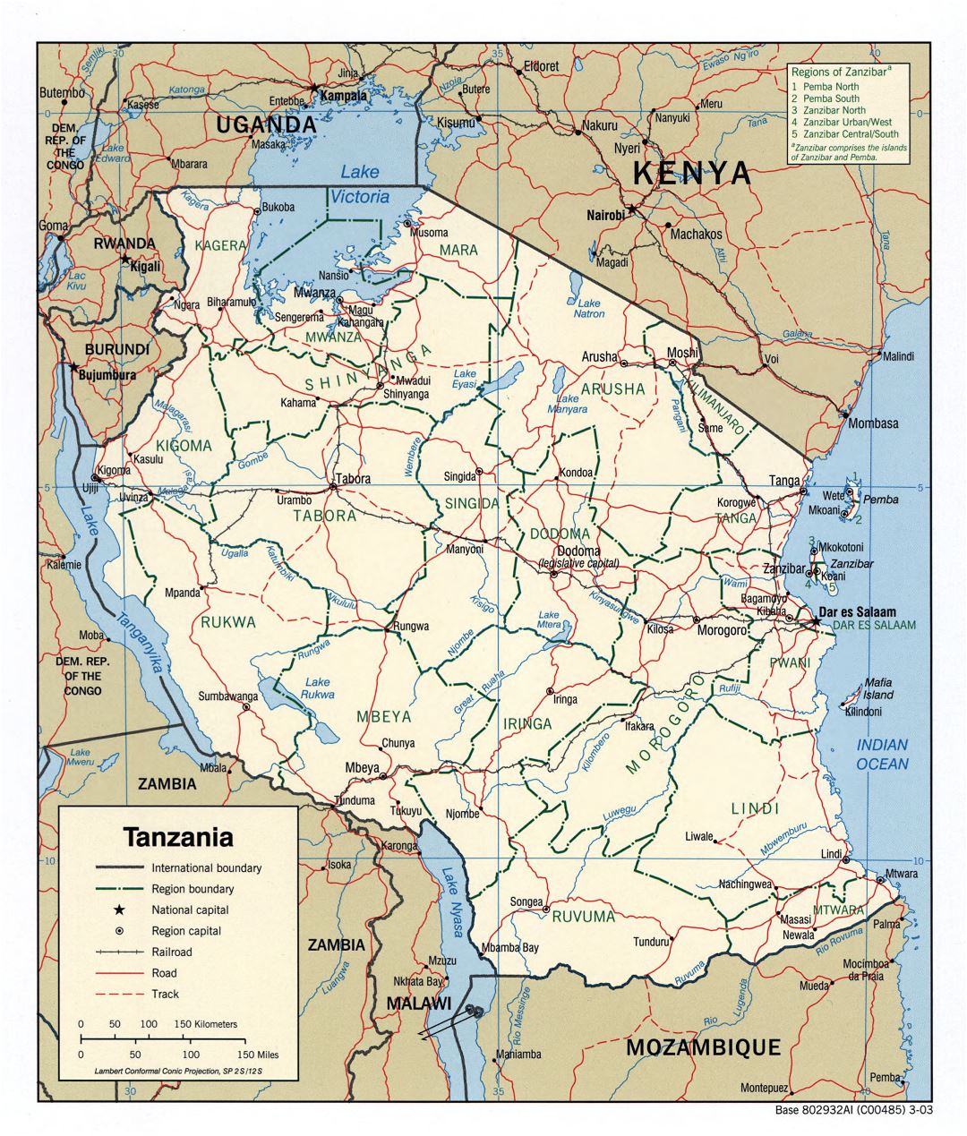 Large detailed political and administrative map of Tanzania with roads, railroads and major cities - 2003