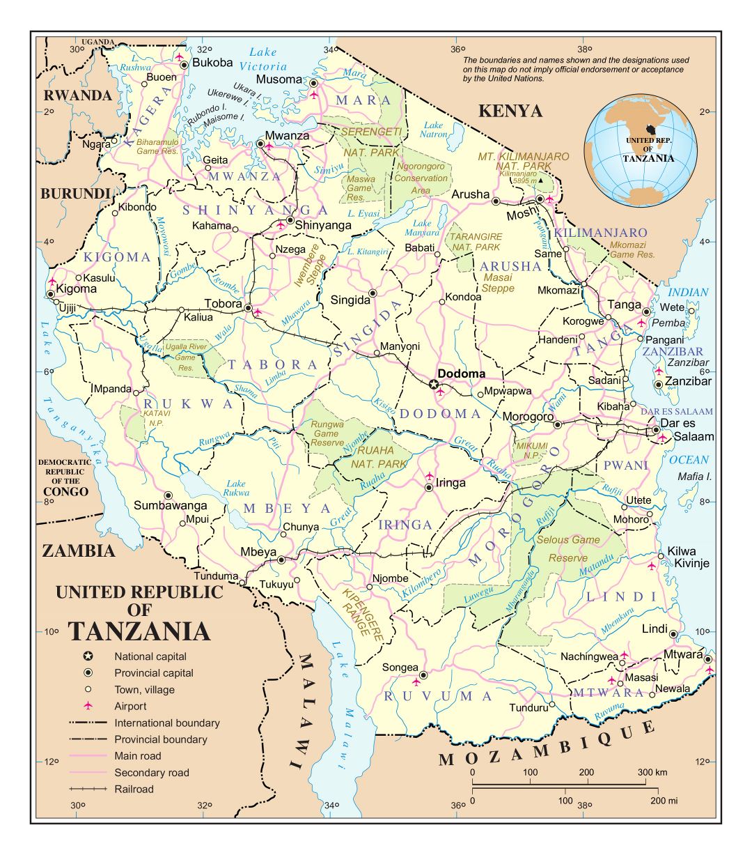 Large detailed political and administrative map of Tanzania with roads, railroads, cities, national parks and airports