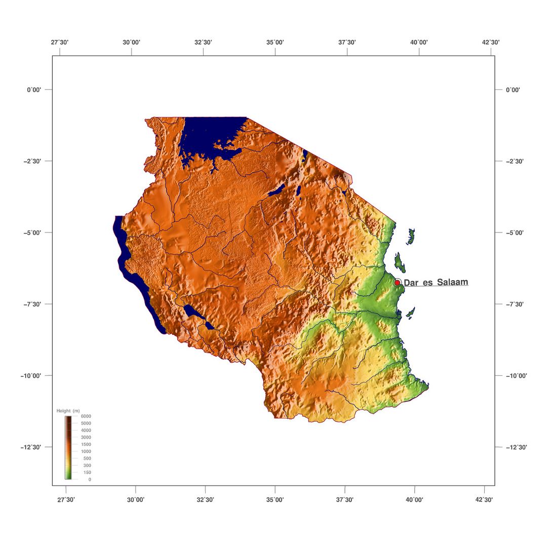 Large elevation map of Tanzania