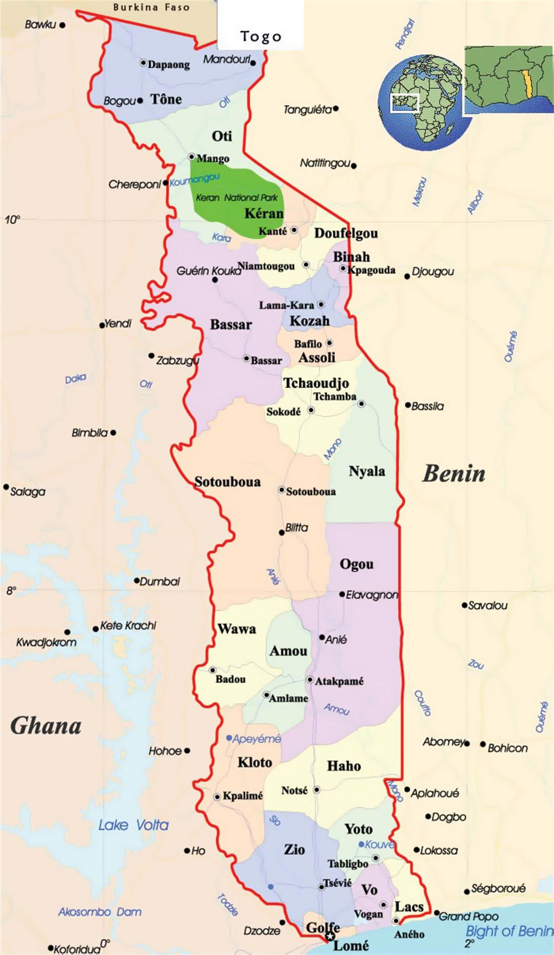 Detailed political and administrative map of Togo with roads and cities
