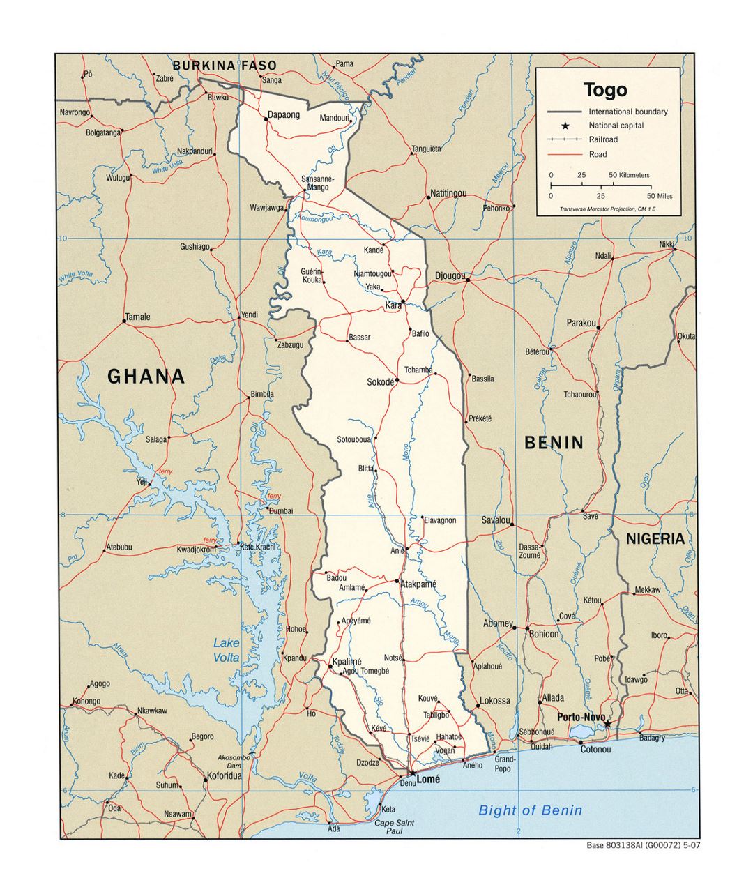 Detailed political map of Togo with roads, railroads and major cities - 2007