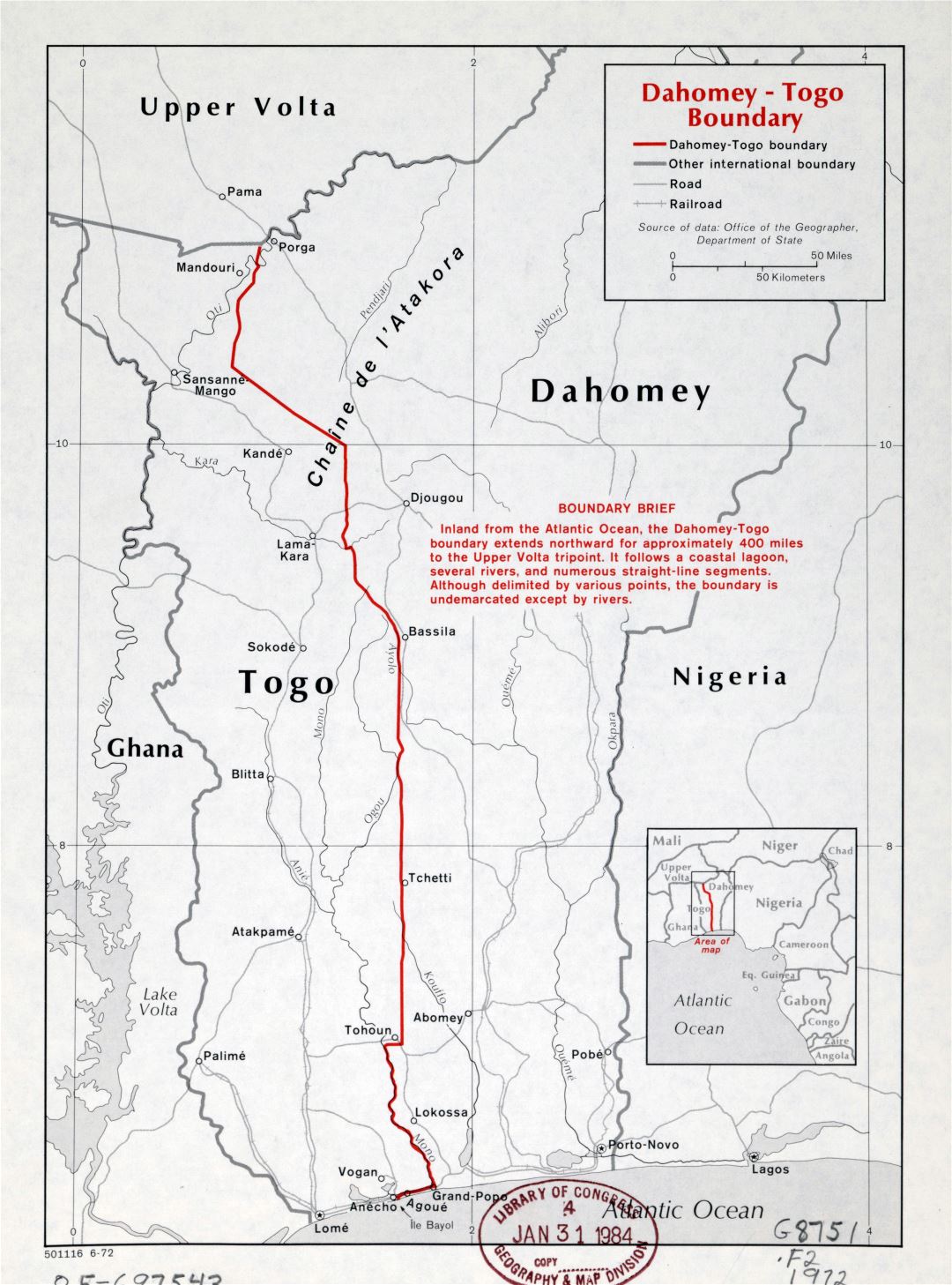 Large detailed Dahomey-Togo boundary map - 1972