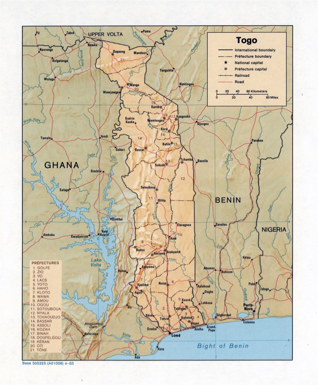 Large detailed political and administrative map of Togo with relief, roads, railroads and major cities - 1983