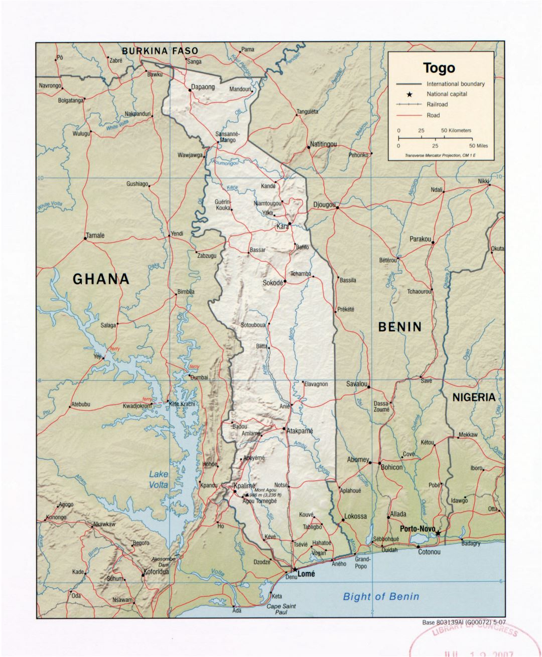 Large detailed political map of Togo with relief, roads, railroads and major cities - 2007