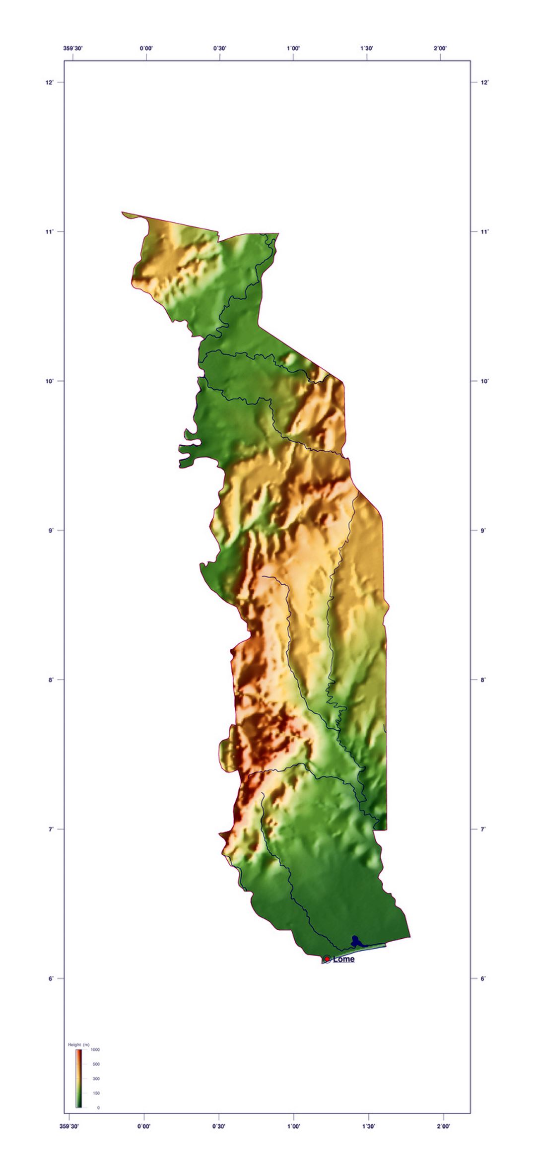 Large elevation map of Togo