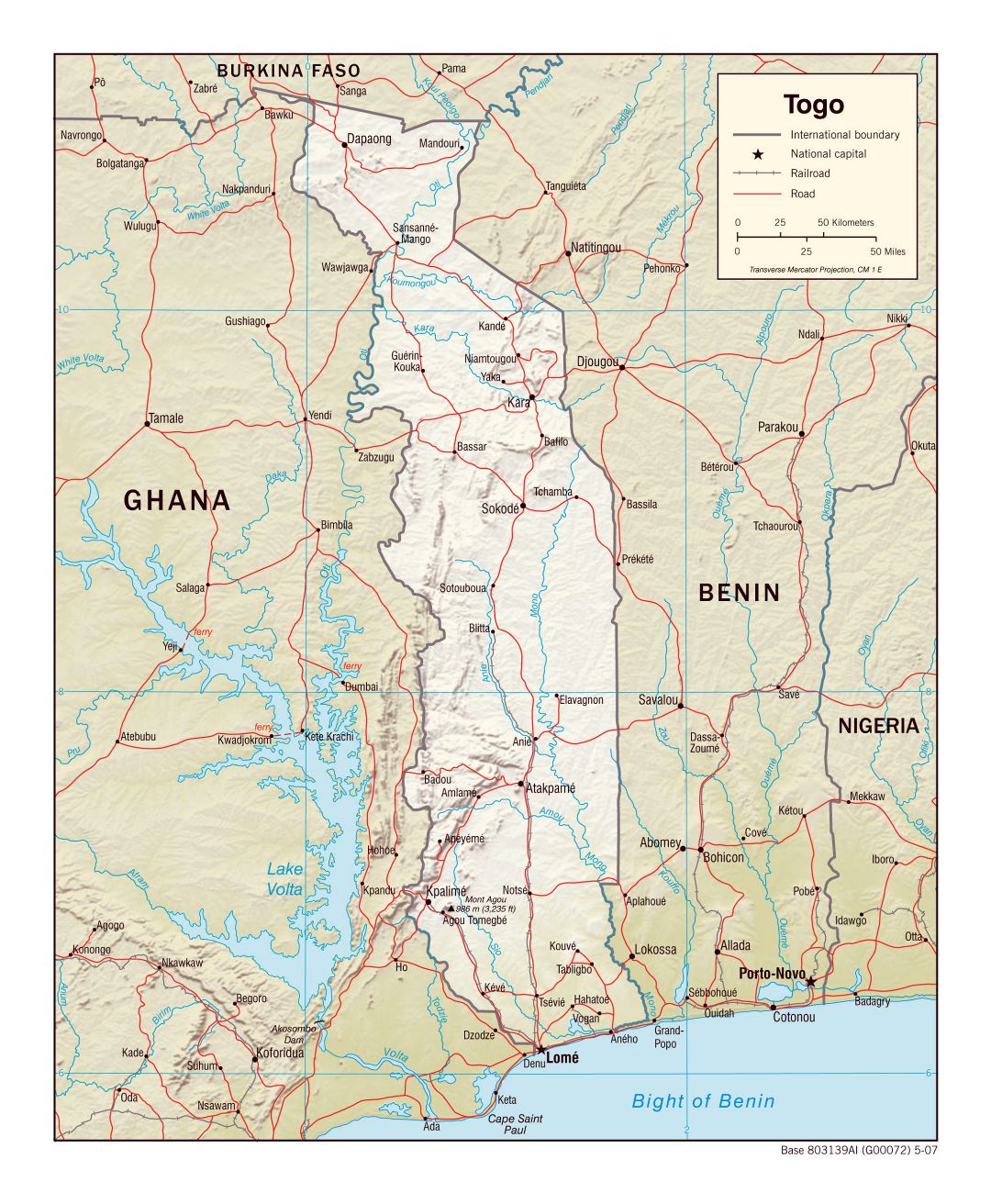 Large political map of Togo with relief, roads, railroads and major cities - 2007