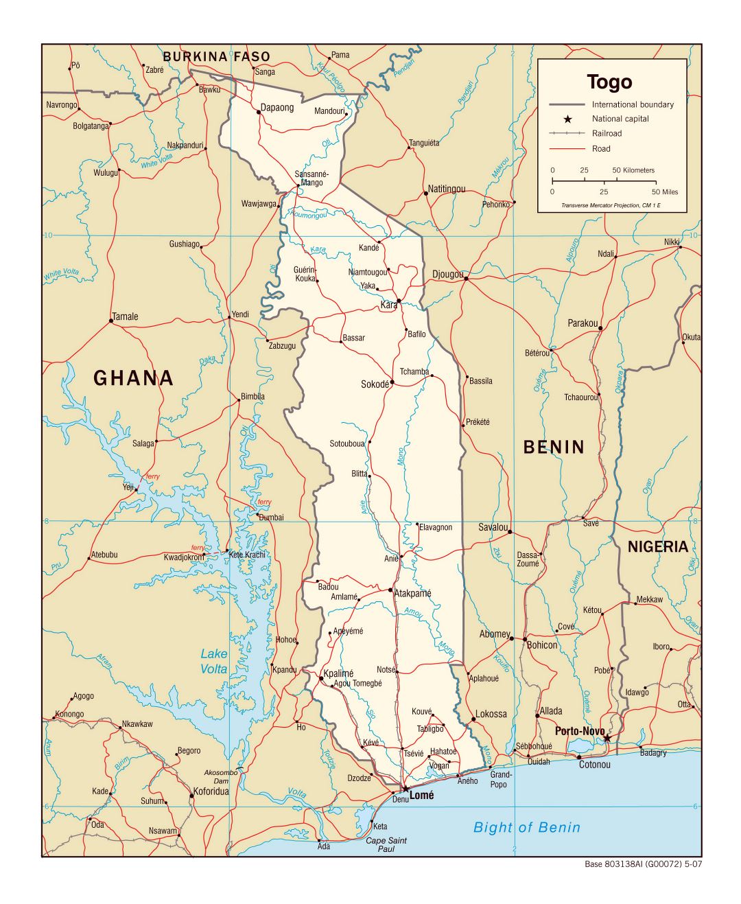 Large political map of Togo with roads, railroads and major cities - 2007